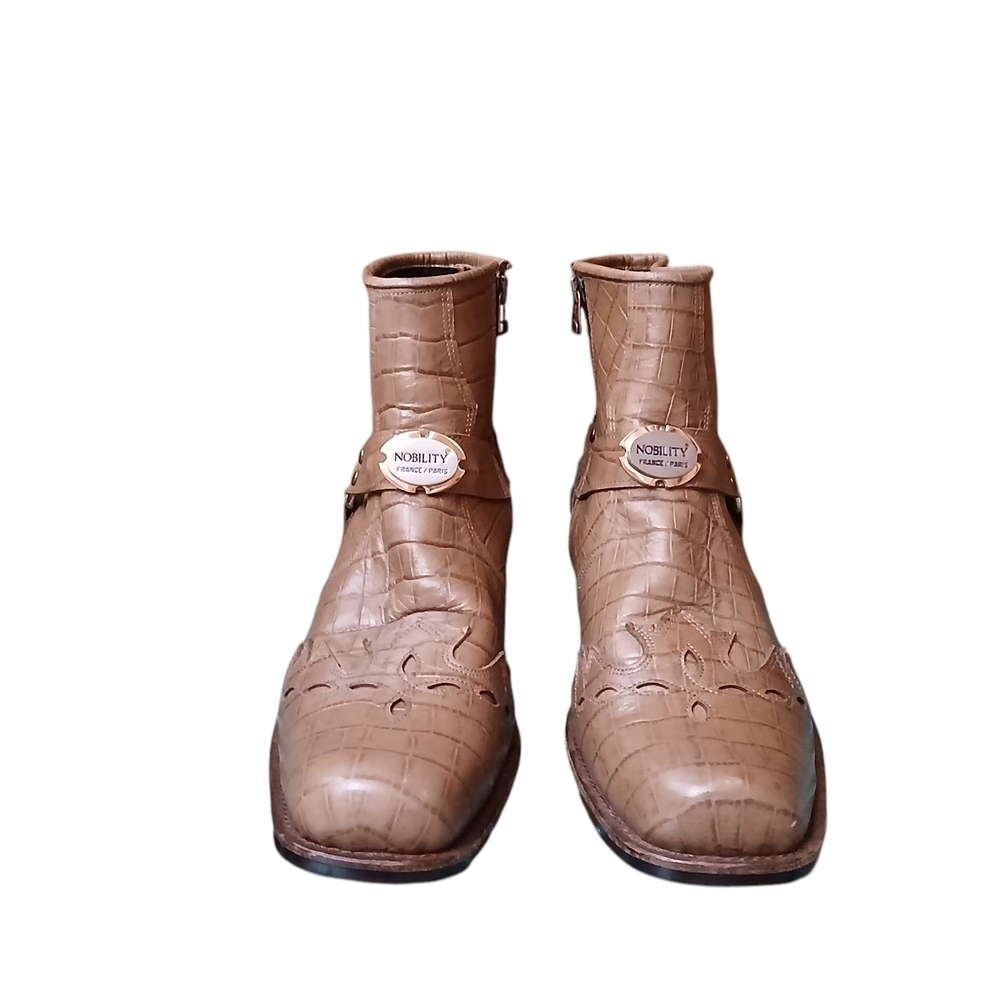 Nobility Tan Croc Leather Moto Cowboy Ankle Boots Zipper Men 11 AAA Extra Narrow